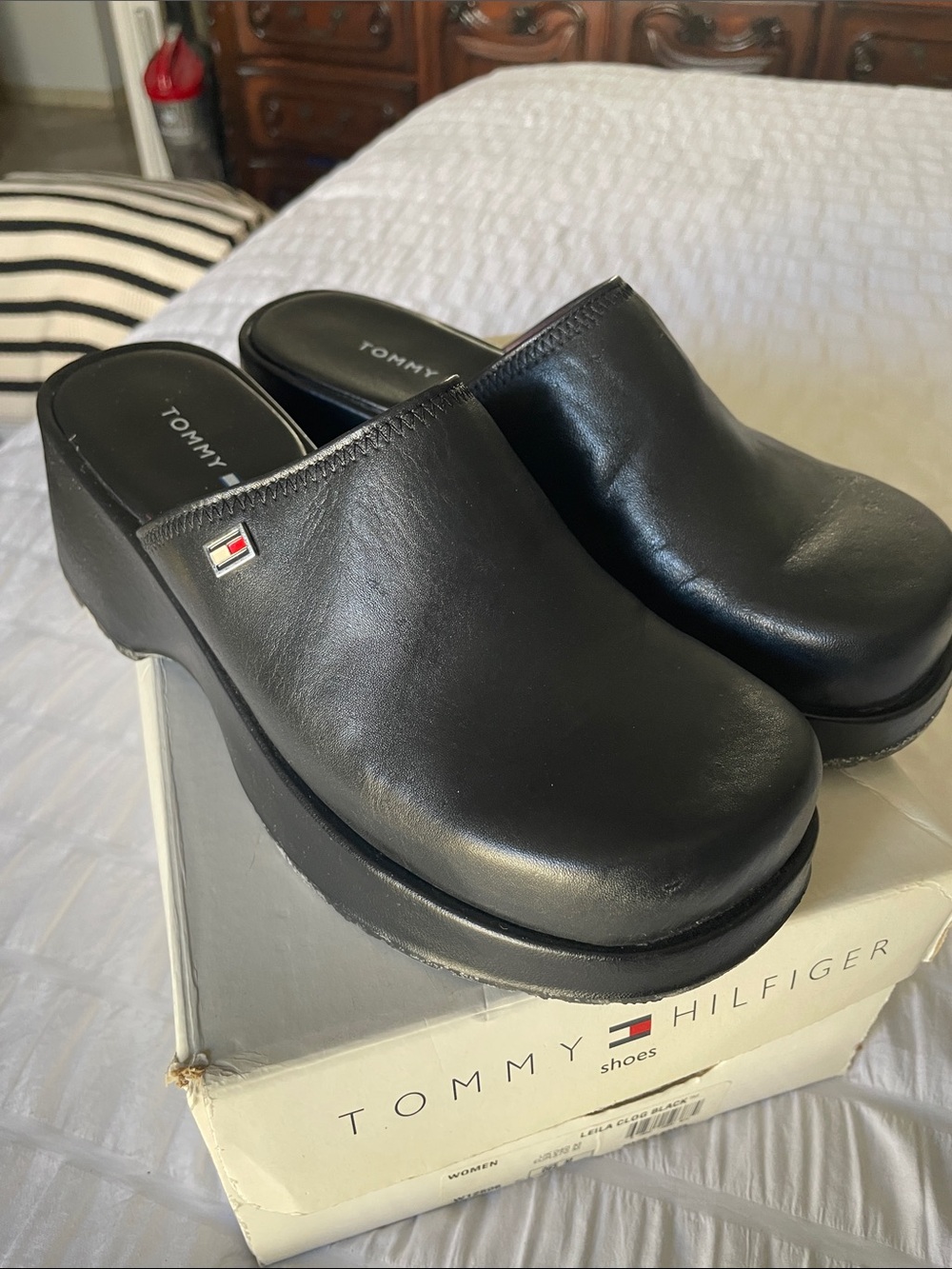Tommy Hilfiger Black Leather Platform Clog Mules